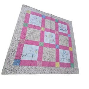 Vintage Crib Quilt Sunbonnet Pink Calico Floral Embroidered Baby Size 38" x 39"